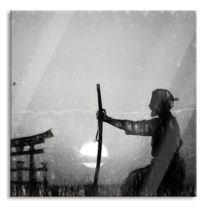 Pixxprint Samurai-Meister vor Horizont, Glasbild Quadratisch