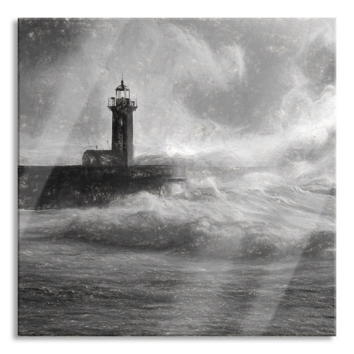 Pixxprint Sturmwellen Leuchtturm Portugal, Glasbild Quadratisch