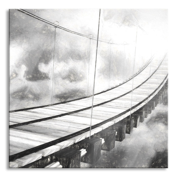 Pixxprint Hölzerne Brücke in den Wolken, Glasbild Quadratisch