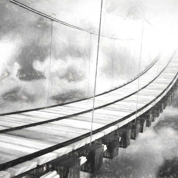 Hölzerne Brücke in den Wolken, Glasbild Quadratisch