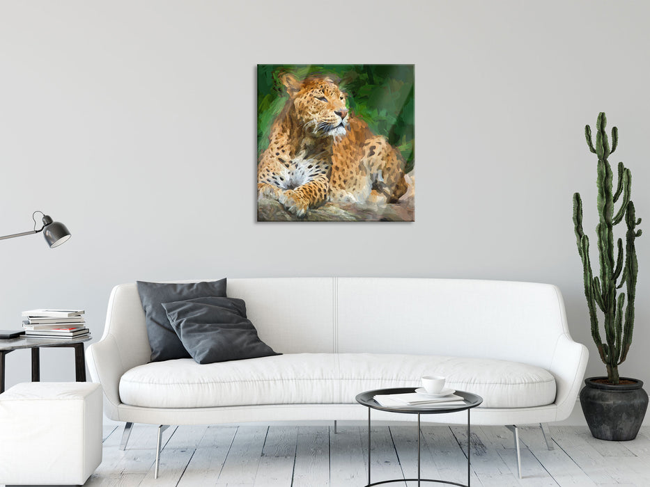 Leopard in der Natur, Glasbild Quadratisch