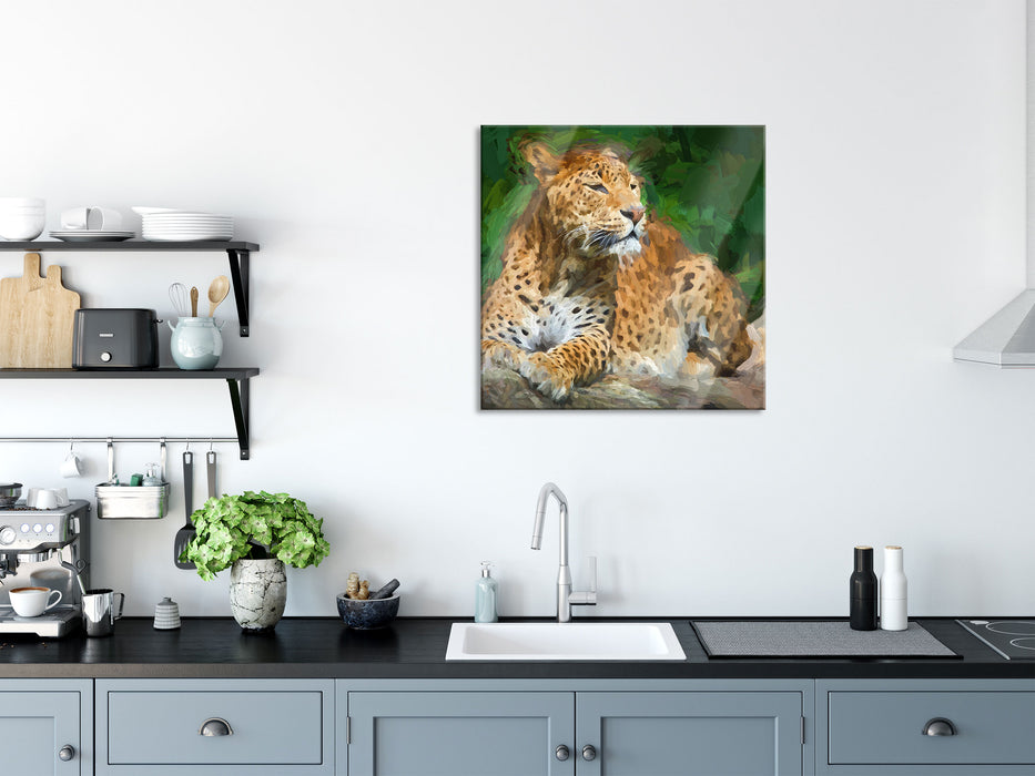 Leopard in der Natur, Glasbild Quadratisch