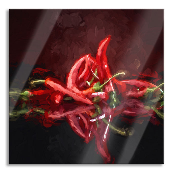 Feurige rote Chili-Schoten Kunst, Glasbild Quadratisch