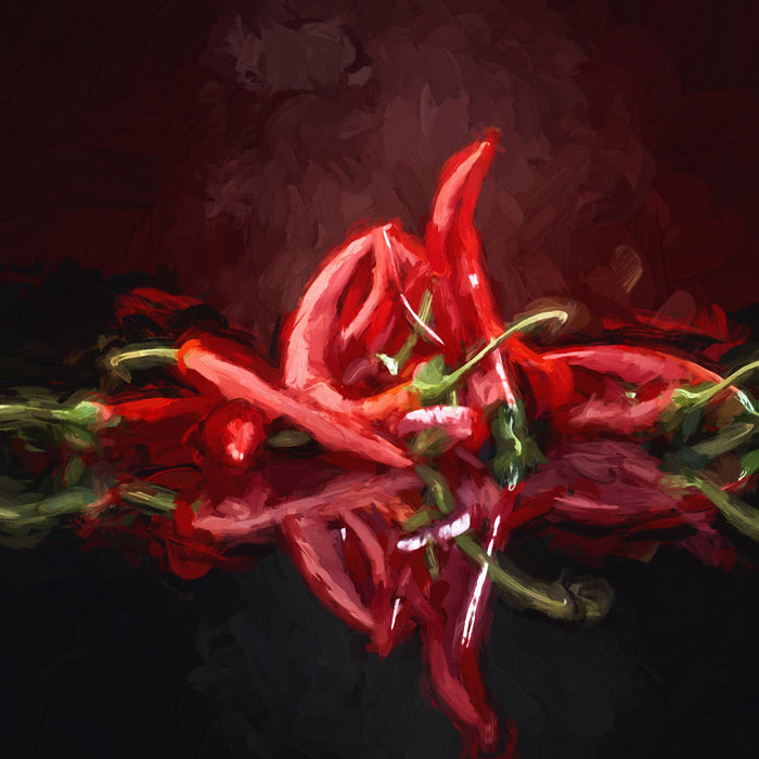 Feurige rote Chili-Schoten Kunst, Glasbild Quadratisch