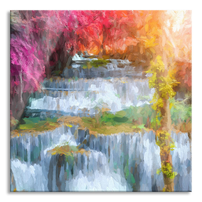 Pixxprint Wasserfall im Regenwald, Glasbild Quadratisch