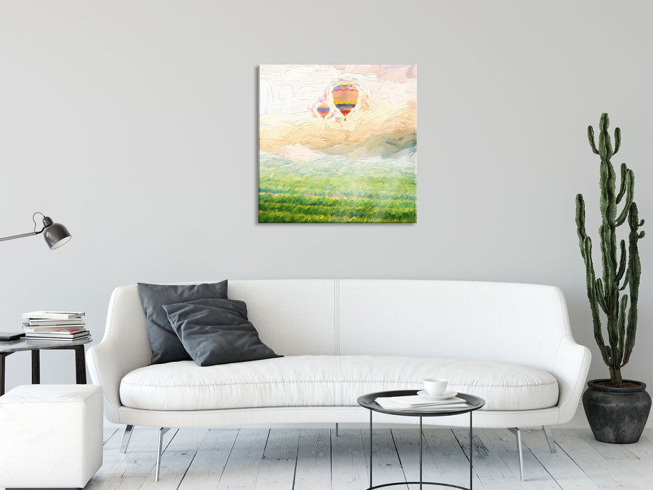 Heißluftballon Landschaft, Glasbild Quadratisch