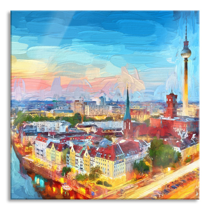 Pixxprint Berlin City Panorama Kunst, Glasbild Quadratisch