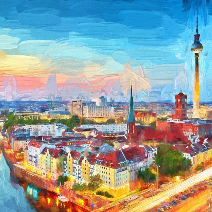 Berlin City Panorama Kunst, Glasbild Quadratisch