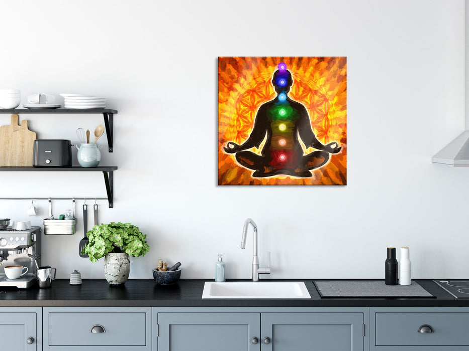 Meditation mit den 7 Chakren Kunst, Glasbild Quadratisch