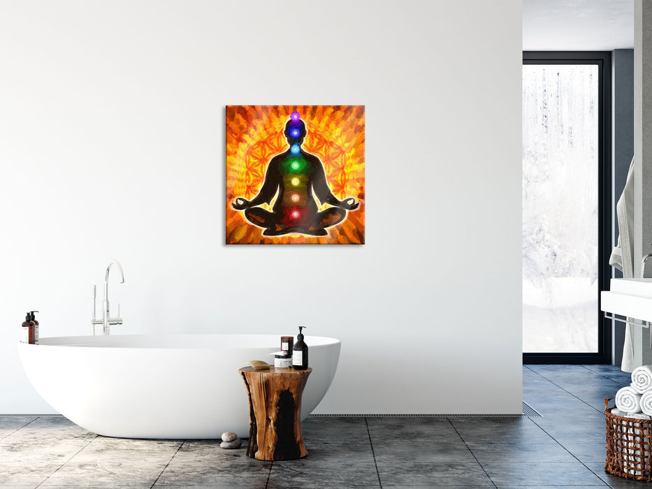 Meditation mit den 7 Chakren Kunst, Glasbild Quadratisch