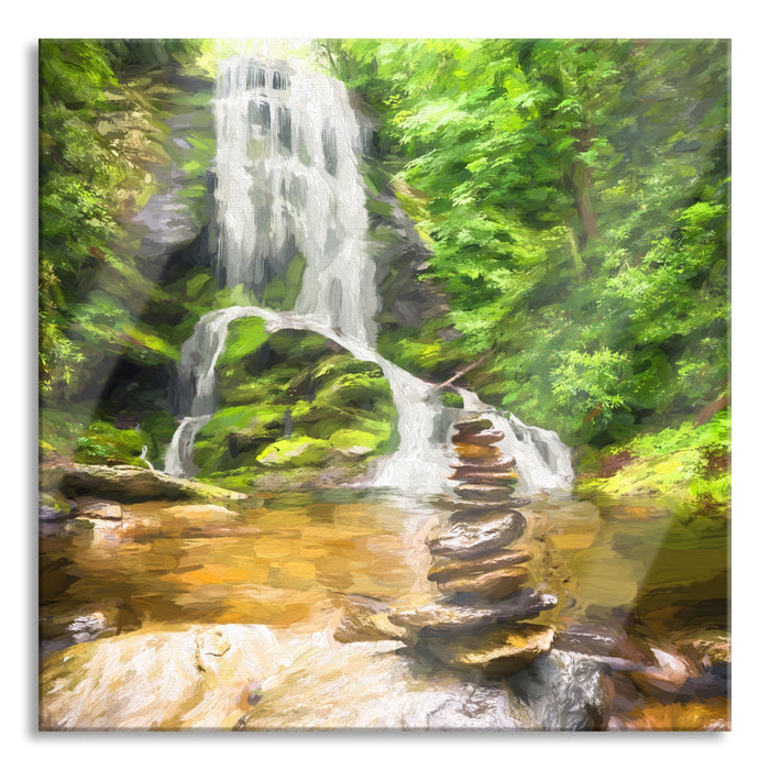 Zen Steine vor Wasserfall Kunst, Glasbild Quadratisch