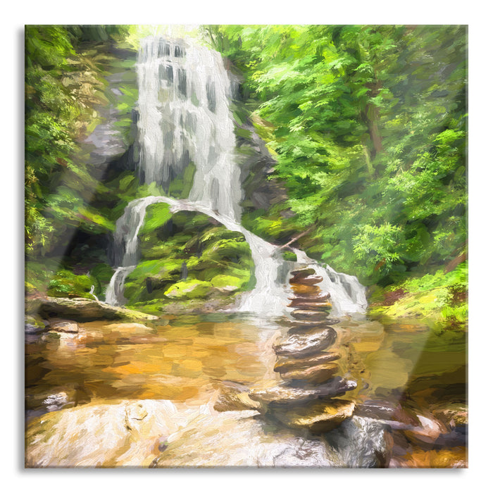 Pixxprint Zen Steine vor Wasserfall Kunst, Glasbild Quadratisch