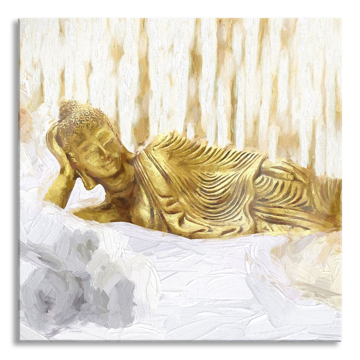 goldener Buddha auf Handtuch Kunst, Glasbild Quadratisch