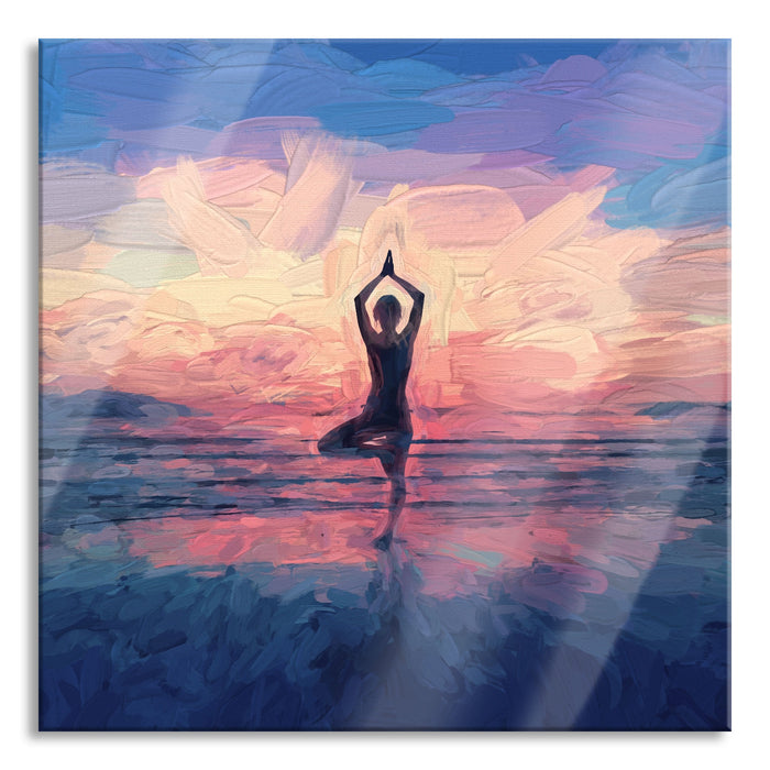 Pixxprint Yoga am Strand Kunst, Glasbild Quadratisch