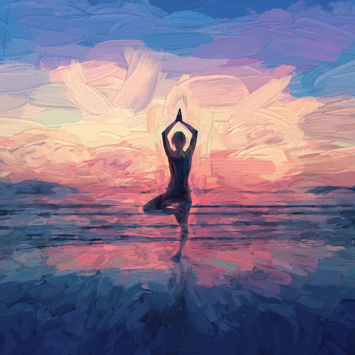 Yoga am Strand Kunst, Glasbild Quadratisch
