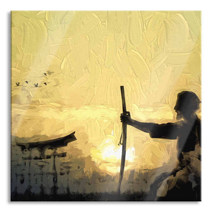 Pixxprint Samurai-Meister vor Horizont, Glasbild Quadratisch