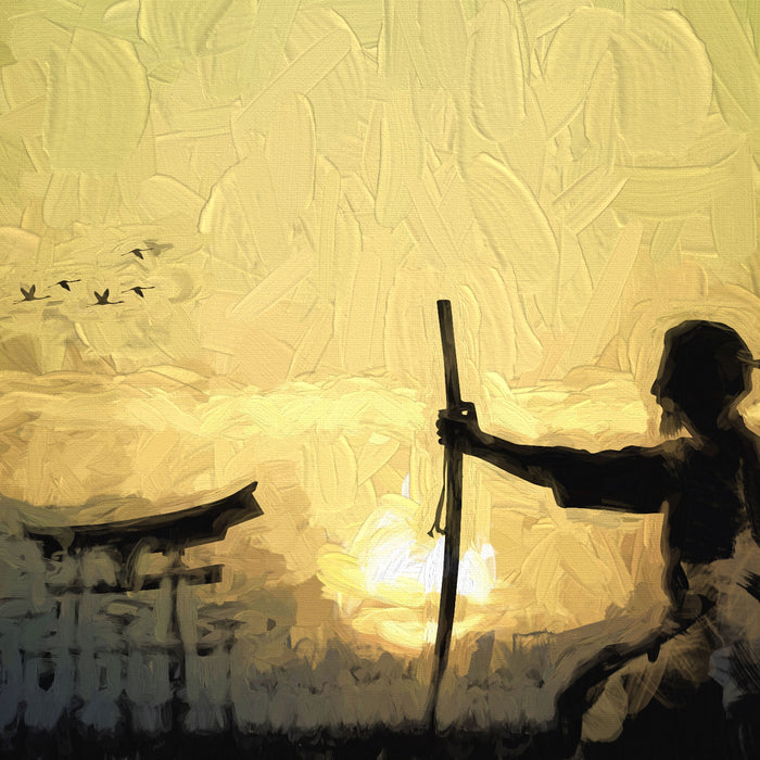 Samurai-Meister vor Horizont, Glasbild Quadratisch