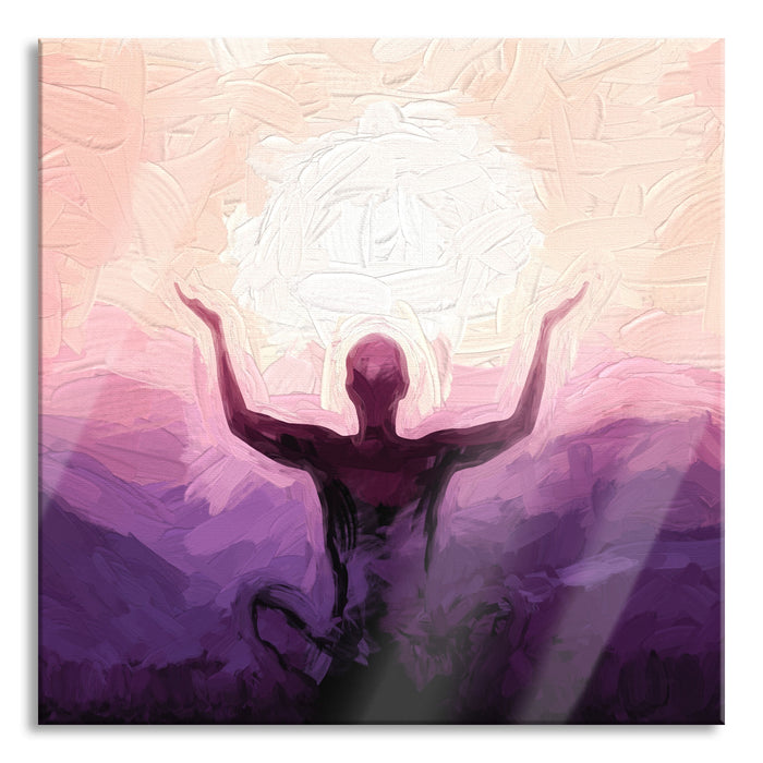 Pixxprint Yoga in den Bergen Kunst, Glasbild Quadratisch