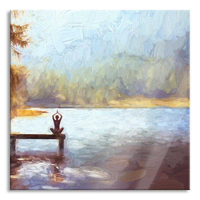 Pixxprint Yoga am See Kunst, Glasbild Quadratisch