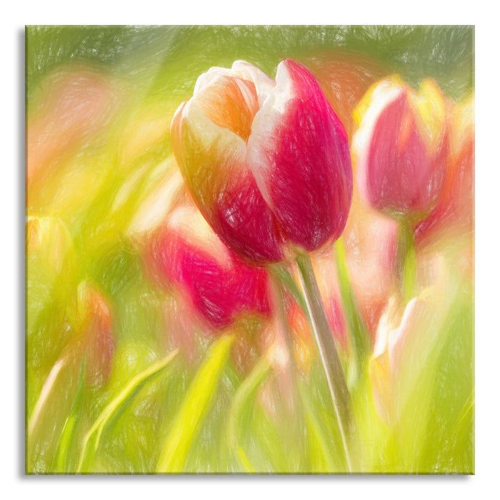 Blühende Tulpen, Glasbild Quadratisch