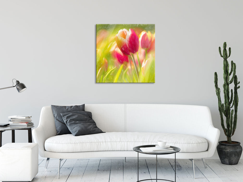 Blühende Tulpen, Glasbild Quadratisch