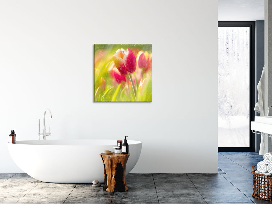 Blühende Tulpen, Glasbild Quadratisch