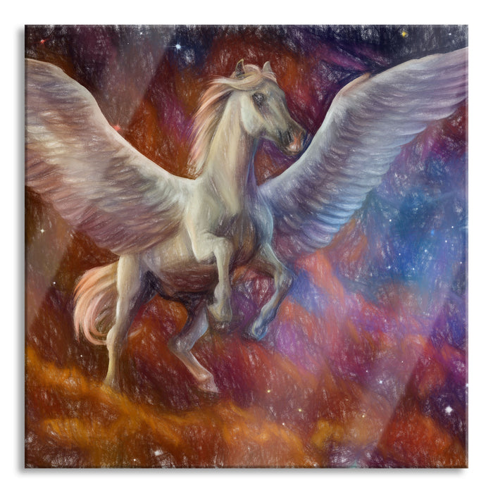 Weißer Pegasus mit Engelsflügel, Glasbild Quadratisch