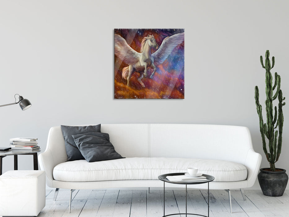 Weißer Pegasus mit Engelsflügel, Glasbild Quadratisch