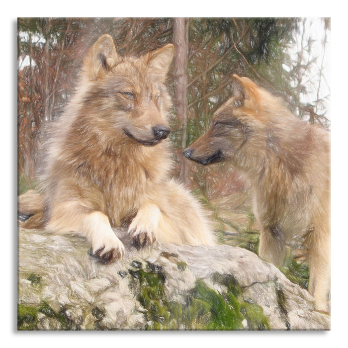 Pixxprint Wölfe im Wald, Glasbild Quadratisch