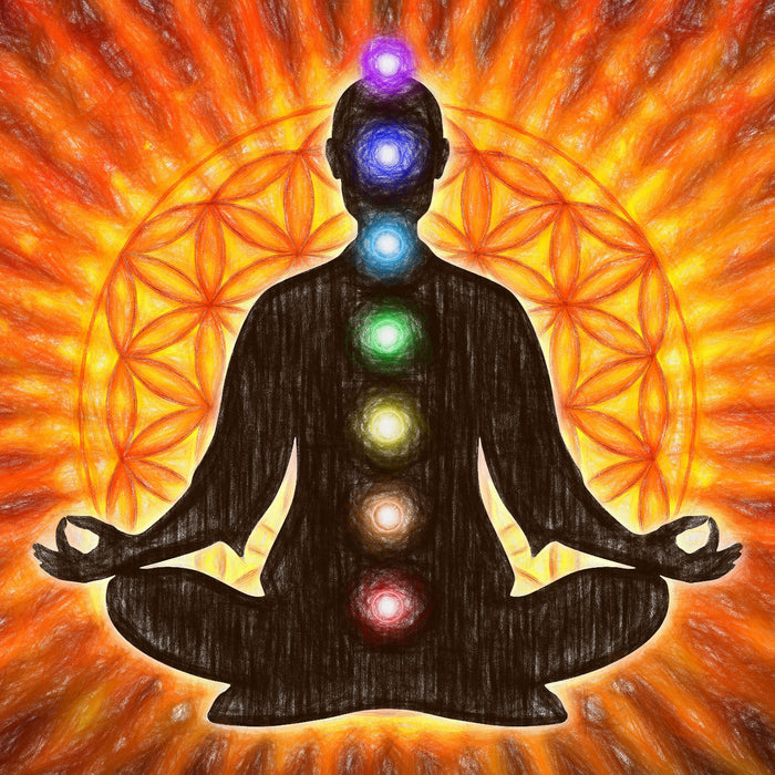 Meditation mit den 7 Chakren, Glasbild Quadratisch