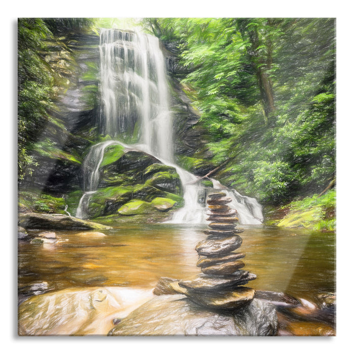 Pixxprint Zen Steine vor Wasserfall, Glasbild Quadratisch