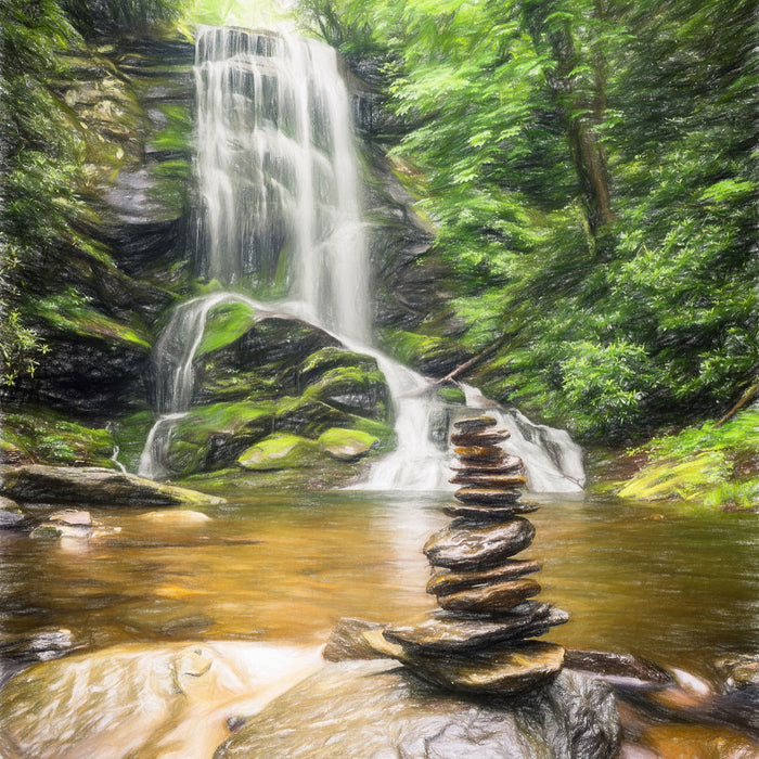 Zen Steine vor Wasserfall, Glasbild Quadratisch