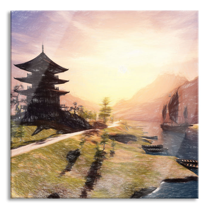 Pixxprint asiatischer Tempel an Fluss, Glasbild Quadratisch