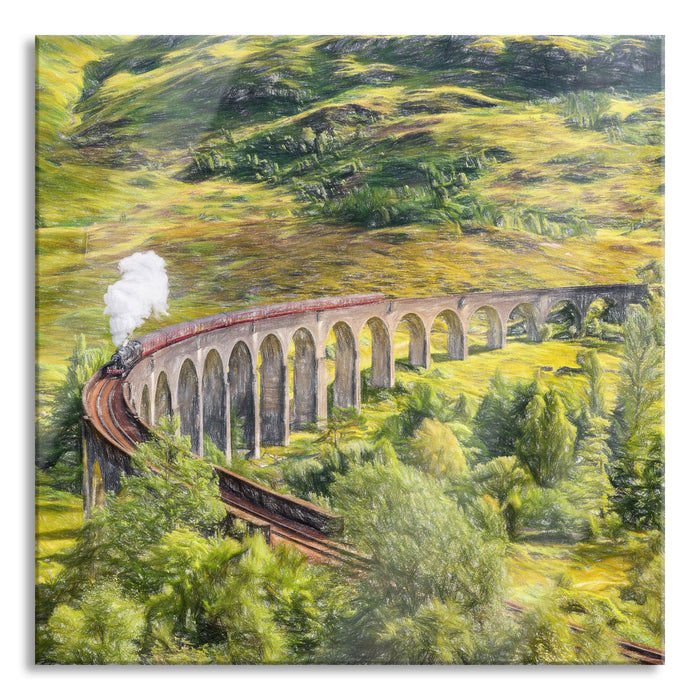Pixxprint Eisenbahnviadukt in Schottland, Glasbild Quadratisch