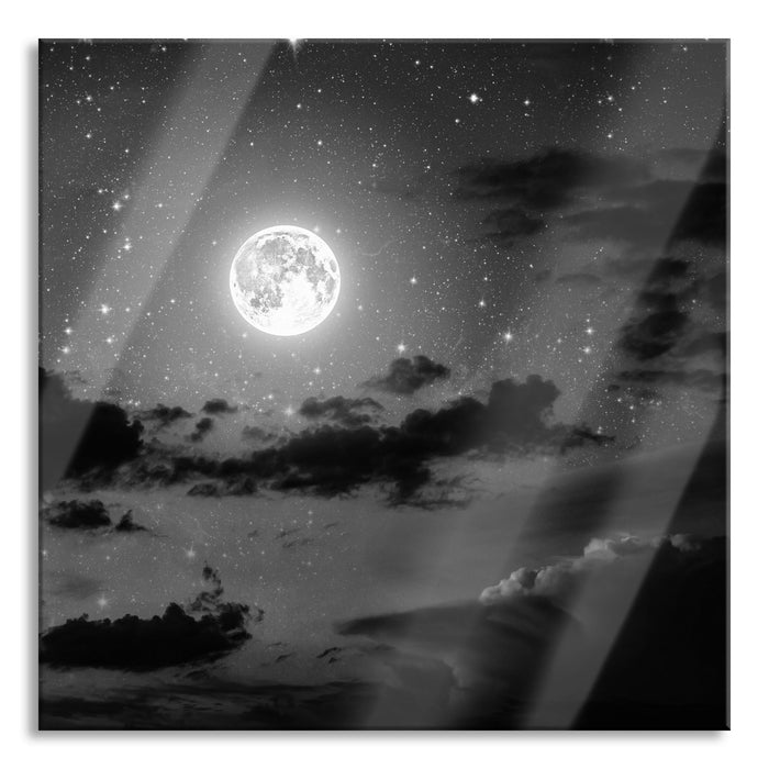 Leuchtender Mond am Nachthimmel, Glasbild Quadratisch