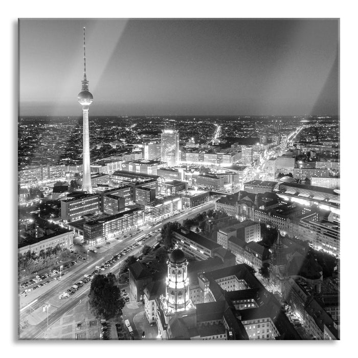 Berlin City Panorama Kunst B&W, Glasbild Quadratisch