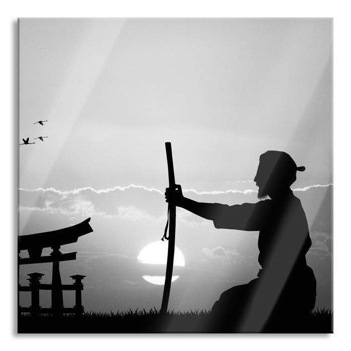 Pixxprint Samurai-Meister vor Horizont, Glasbild Quadratisch