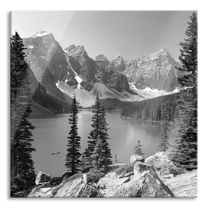 Moraine Lake kanadische Berge, Glasbild Quadratisch