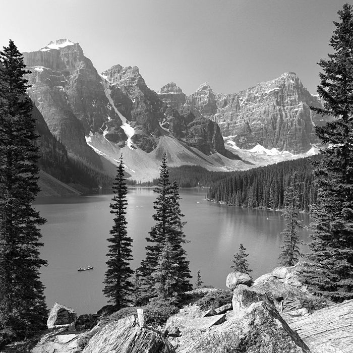 Moraine Lake kanadische Berge, Glasbild Quadratisch