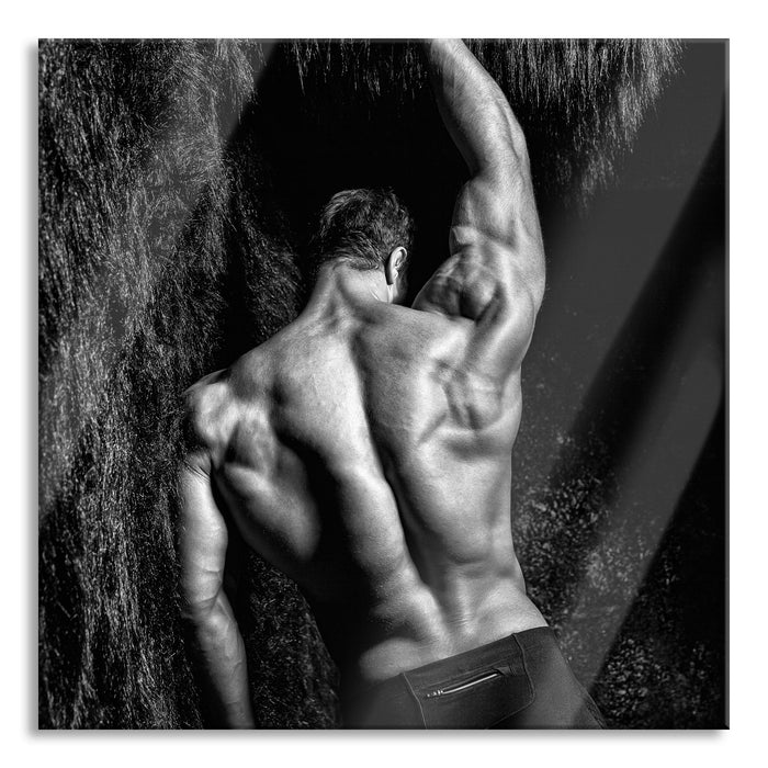 Muskulöser sexy Mann Kunst B&W, Glasbild Quadratisch