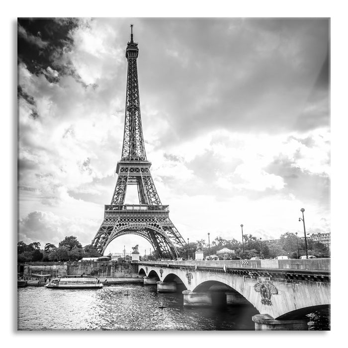 Eiffelturm in Paris Kunst B&W, Glasbild Quadratisch