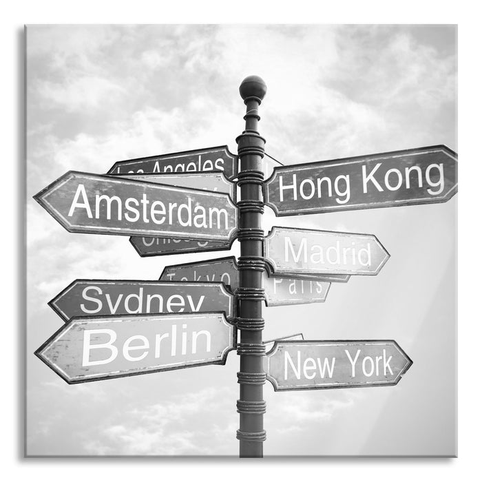 Pixxprint Städte Wegweiser Kunst B&W, Glasbild Quadratisch