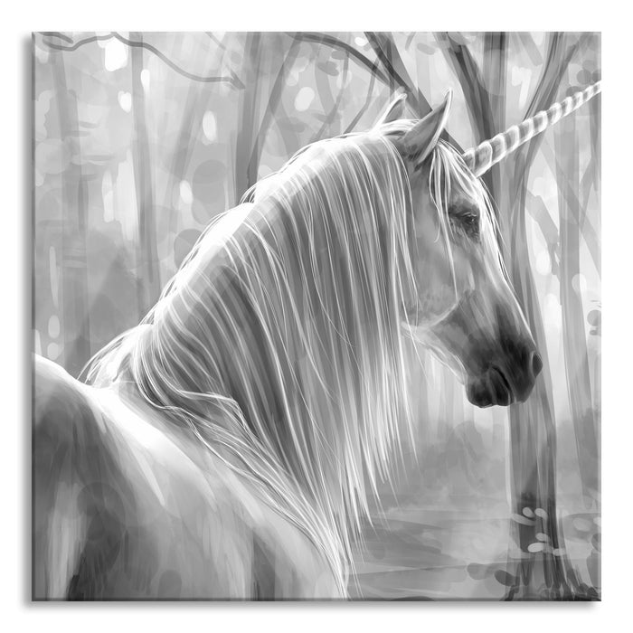 Pixxprint Einhorn im Wald, Glasbild Quadratisch