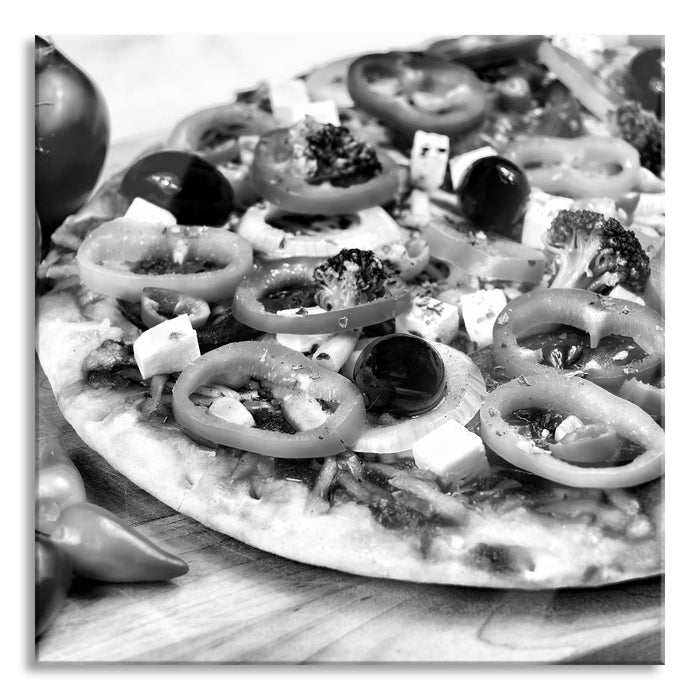 Pizza Salami Italien Italy, Glasbild Quadratisch