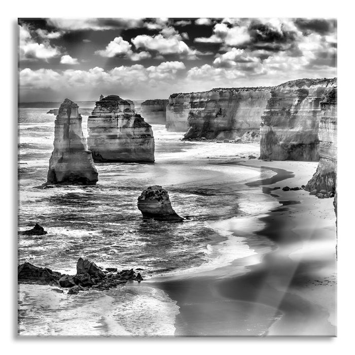 Pixxprint Meer klippe küste Steine Strand, Glasbild Quadratisch