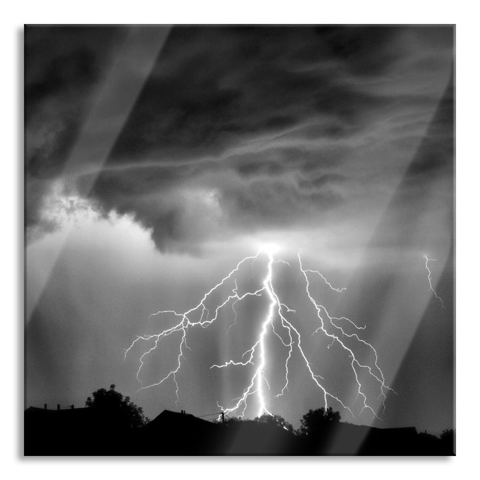 Pixxprint Einschlagender Blitz schwarz weiß, Glasbild Quadratisch