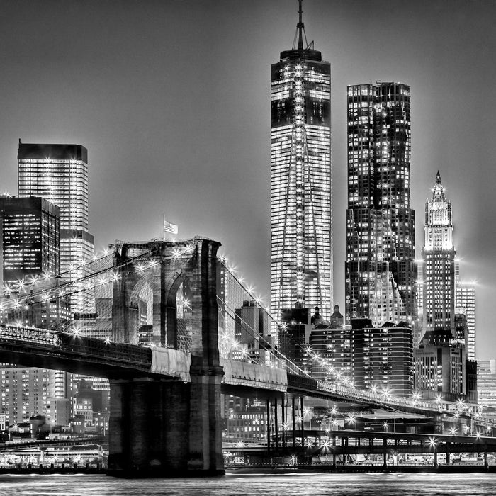New York City, Skyline bei Nacht, Glasbild Quadratisch