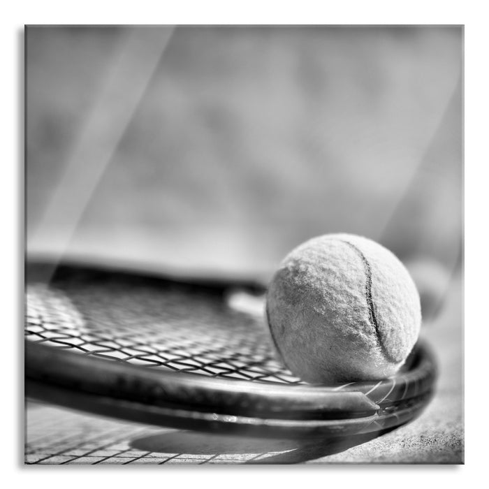 Tennischläger mit Bällen, Glasbild Quadratisch