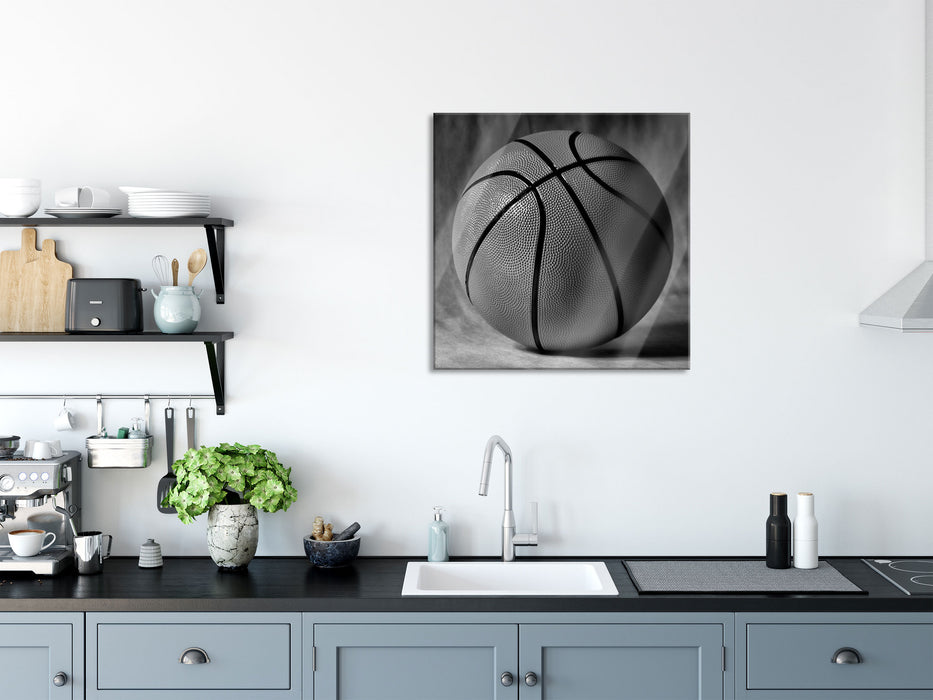 Basketball schwarzer Hintergrund, Glasbild Quadratisch