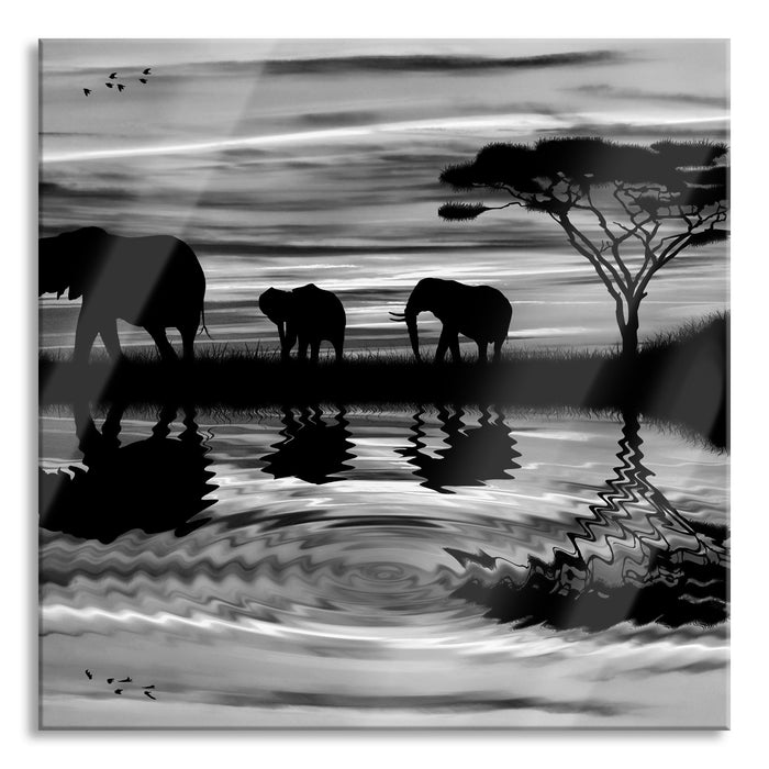 Pixxprint Afrika Elefant in Sonnenschein, Glasbild Quadratisch